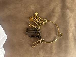 Vintage Decorative Brass and Iron Skeleton Keys on Large Ring - Set of 15